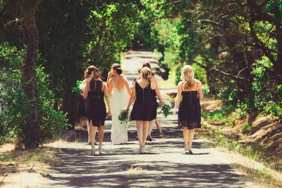 The bridal party walking the lane together