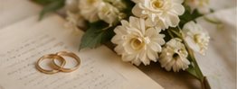 Wedding rings beside white flowers on a letter