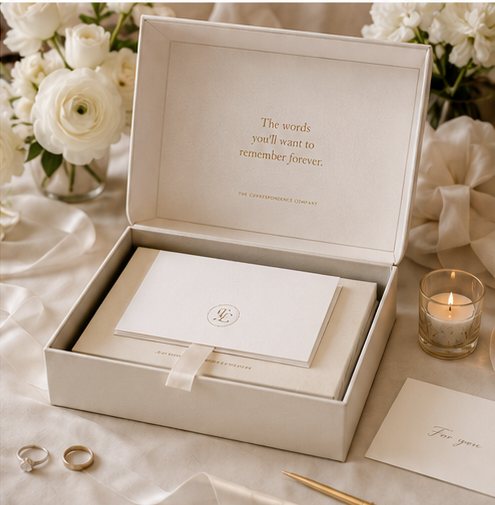 An open keepsake box with a sealed envelope beside wedding rings, white roses, and a candle