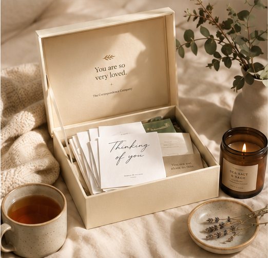 An open Support Kit box reading You are so very loved, with letters inside, beside tea and a lit candle