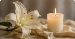 A white lily beside a lit candle