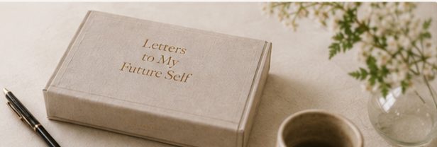 Letters to My Future Self keepsake box on a desk with a fountain pen