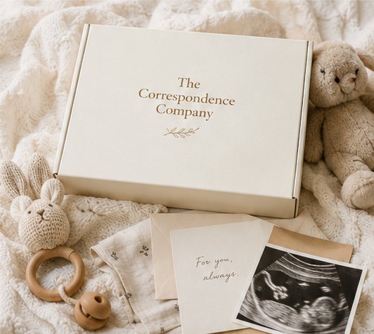 A Correspondence Company keepsake box among knit toys, an envelope reading For you always, and a sonogram photo